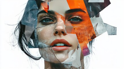 Collage art of a female face blending features from diverse backgrounds, isolated on transparent background, soft gradients, detailed textures, sharp focus, and artistic and innovative presentation.