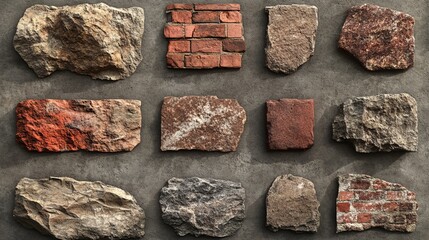 Collection of weathered bricks with irregular shapes, displayed on transparent background, rough and textured surfaces, rich red and brown tones, crisp focus, and rustic and natural design.