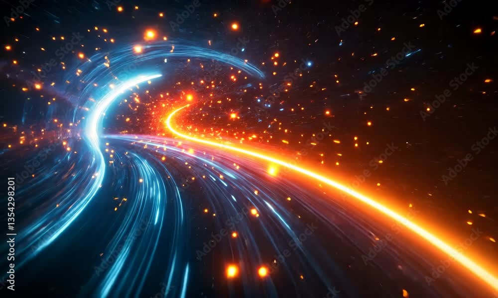 Poster energetic light streaks through time and space, abstract speed motion visual