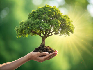 hand holdig big tree growing on green background with sunshine