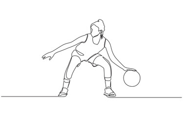 Fototapeta premium One single line drawing of young energetic basketball player jumping and shooting ball, Woman player healthy sport championship vector illustration.