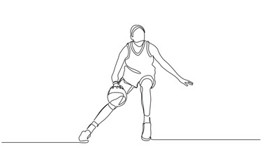One single line drawing of young energetic basketball player jumping and shooting ball, Woman player healthy sport championship vector illustration.