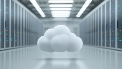 Cloud computing concept with a floating cloud in a modern data center illustrating digital storage solutions, technology and innovation in a sleek environment