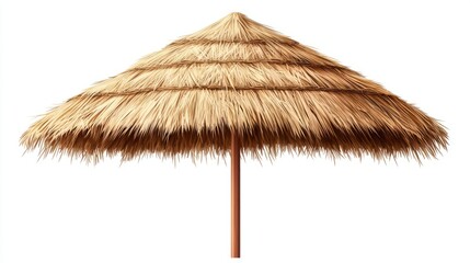 Conical thatched beach umbrella with a sturdy wooden pole, isolated on transparent background, detailed straw roofing, clean edges, sharp focus, and rustic and decorative design.