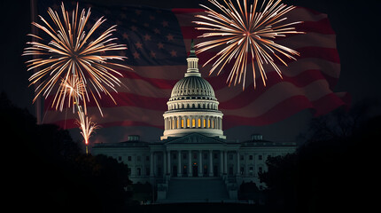 Happy Independence day, 4th Of July, Us Capitol Building With Rippling American Flag and Firework At Night,  American independence, Generative Ai