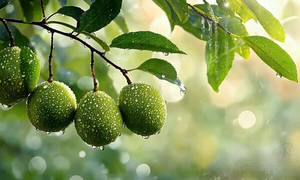 Fresh green walnuts hanging from a branch, glistening with raindrops in a lush garden