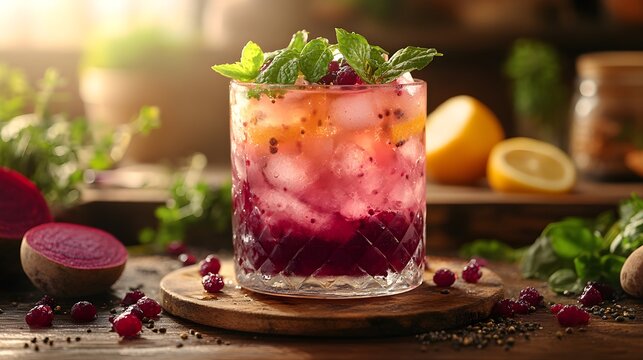 Handcrafted Adaptogenic Elixir with Spirulina, Beetroot, and Lemon in Rustic Glass