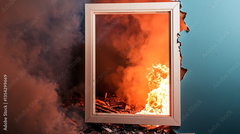 Poster dramatic scene of flames through an open frame surrounded by smoke and charred debris in a captivati