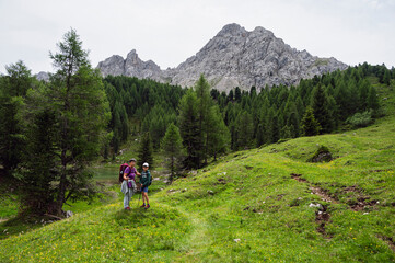 Fototapeta premium nature sceneries along the trail to Lagusel lake inside Val San Nicolò, Pozza di Fassa, Dolomites, Italy