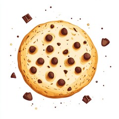 Cookie with chocolate chips vector graphic, circular golden design with scattered chips, smooth geometric shapes, sharp edges, isolated on a blank background, professional and minimalist illustration.