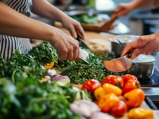 Preparing Fresh Food Together Chopping Herbs and Vegetables at Cooking Class