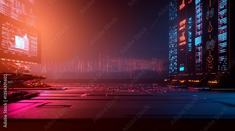 Poster futuristic digital environment with neon lights and high-tech displays for advanced technology conce