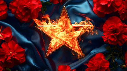 Burning golden star surrounded by red roses and blue fabric texture