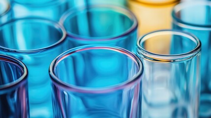 A close-up view of multiple empty glass cylinders or tumblers arranged in a tight group. The glassware is tinted in various shades of blue, with one in a soft amber or golden hue.