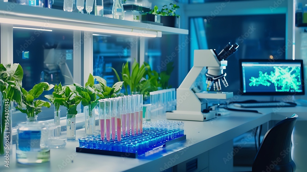 Poster modern laboratory with test tubes and microscope surrounded by plants in a high-tech environment