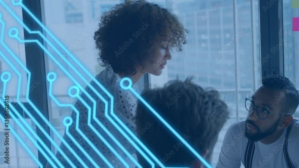 Aufkleber collaborating in office, business team with animation of digital circuit pattern
