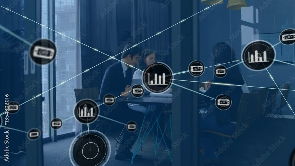 Poster collaborating in office, business team using animation with data analytics icons
