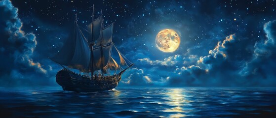 Sailing ship under moonlight glides on open sea.