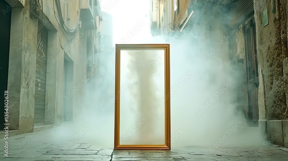 Poster mysterious frame in a foggy alleyway creating a surreal and dreamlike atmosphere for creative projec