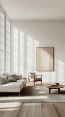 Bright airy living room with minimalist furniture