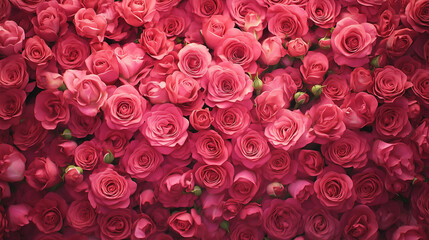 A dense and vibrant arrangement of fresh pink roses. The roses vary slightly in shade, from soft pastel pinks to deeper rose hues, and are packed closely together, forming a lush floral texture.