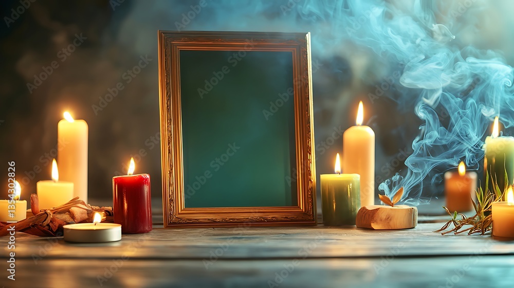 Poster elegant empty frame surrounded by romantic candles and misty atmosphere for artistic display
