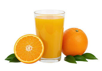 A glass of fresh orange juice placed between a whole orange and a halved orange isolated on transparent background