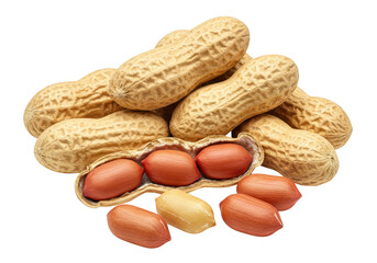 A small pile of whole peanuts in their shells with raw kernels inside isolated on transparent background