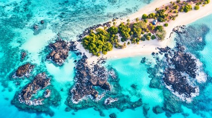 Aerial view of tropical island paradise.