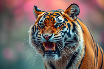 Fototapeta premium Fierce Angry Tiger Showing Its Intense Expression, Ready to Pounce in a Powerful Display of Strength, Vibrant Wallpaper