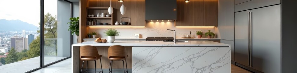 Fototapeta premium Sleek modern kitchen in loft apartment with marble countertops and stainless steel appliances, interior, countertops