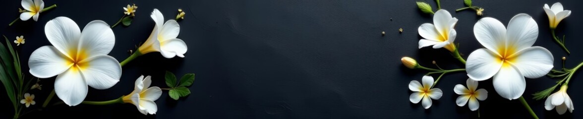 Fototapeta premium Single white floral on black textured surface, black and white, petal, monochrome