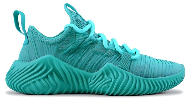 Teal athletic shoe with textured sole and laces.