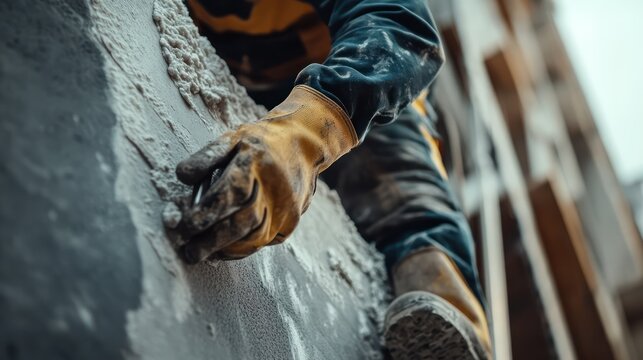 A construction worker's hand installs insulation in a building using a professional-grade tool, ensuring proper thermal protection.