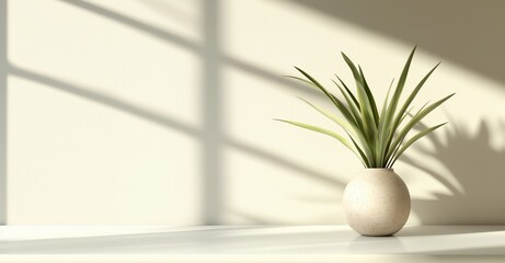 A minimalist interior scene featuring a single plant in a textured, round beige ceramic vase on a light background with light from the window and shadows. 