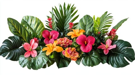 Obraz premium Decorative tropical arrangement with vibrant foliage and flowers, displayed on transparent background, detailed textures, bold colors, clean edges, and professional and lush design.