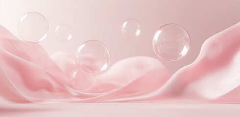 A transparent soap bubbles floating gently above a delicate, flowing fabric surface in a pastel pink hue. The background is a gradient blend of light cream and blush tones.