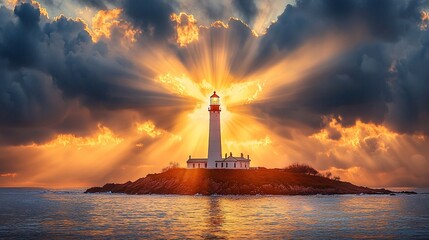 Majestic lighthouse sunrise, dramatic clouds, ocean.