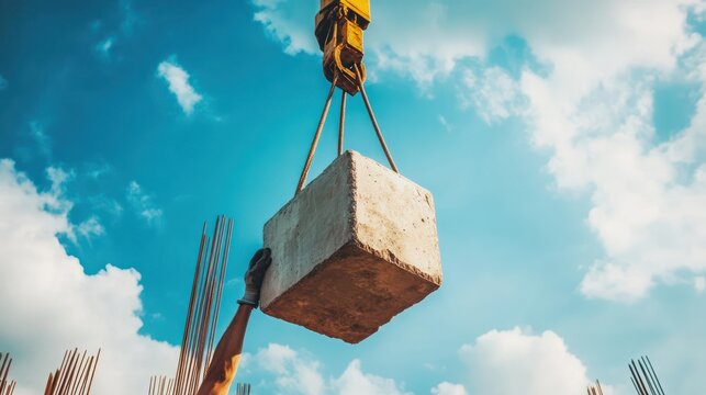 A construction worker's hand guides a heavy stone block into position with a crane, ensuring precision at the construction site.