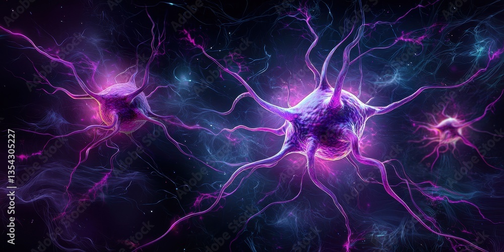 Poster a vibrant depiction of neurons, showcasing intricate connections and glowing details against a dark 