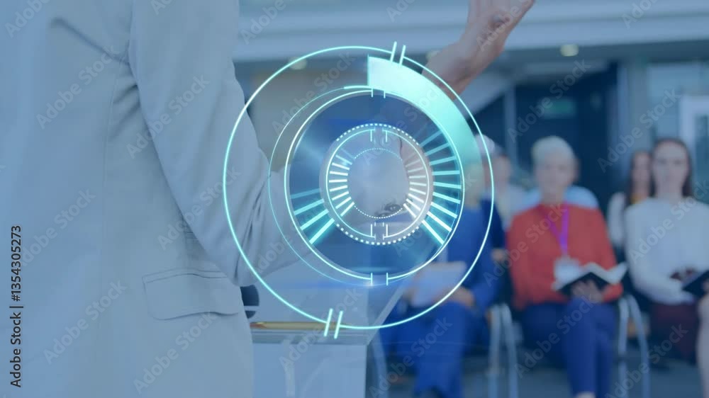 Poster using animation, speaker gesturing with holographic interface at school conference