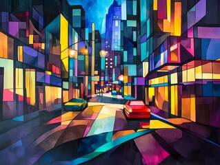 Colorful city painting with cars at night, vibrant hues.