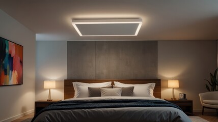 Modern bedroom with square ceiling light and textured wall