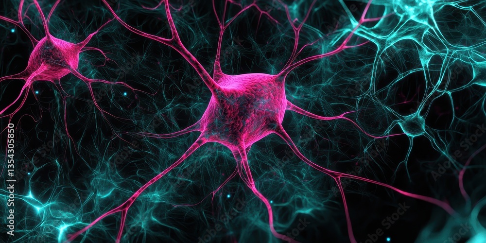 Poster a vibrant depiction of neurons, showcasing intricate connections and colorful structures in a digita