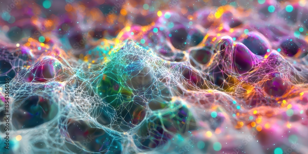 Poster a vibrant, abstract representation of interconnected lines and colorful dots resembling a digital la
