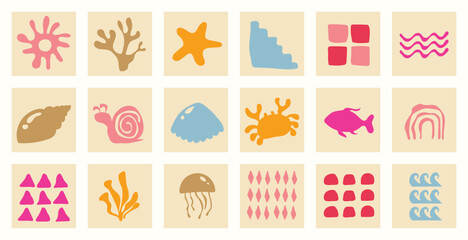 Whimsical Oceanic Tiles: A cheerful array of square tiles adorned with playful illustrations of marine life and ocean-themed elements.