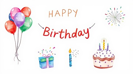 Happy Birthday Celebration Balloons Cake Gift Fireworks