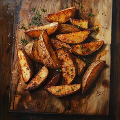 Delicious fried potato wedges, perfectly seasoned and golden, arranged neatly on a wooden serving board, illuminated by soft natural light for a homely feel.