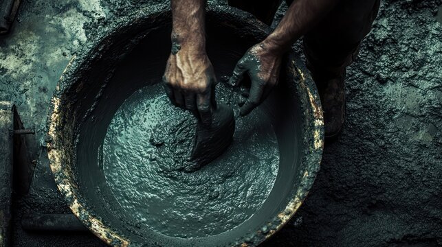 A construction worker's hand operates a concrete mixer on-site, ensuring a smooth and consistent mix for pouring.