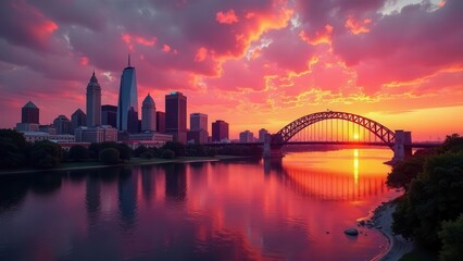 Obraz premium A Vibrant Cityscape at Sunset, Reflected in Calm Waters, Under a Dramatic Sky with a Steel Arch Bridge